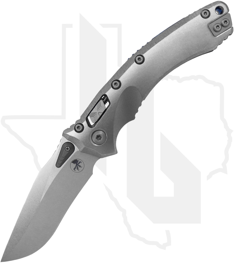 Microtech Amphibian 137RL-10MS2 - Stonewash Finish, Stonewash Slab Side Titanium, Blue Accents, Double Vapor Blast