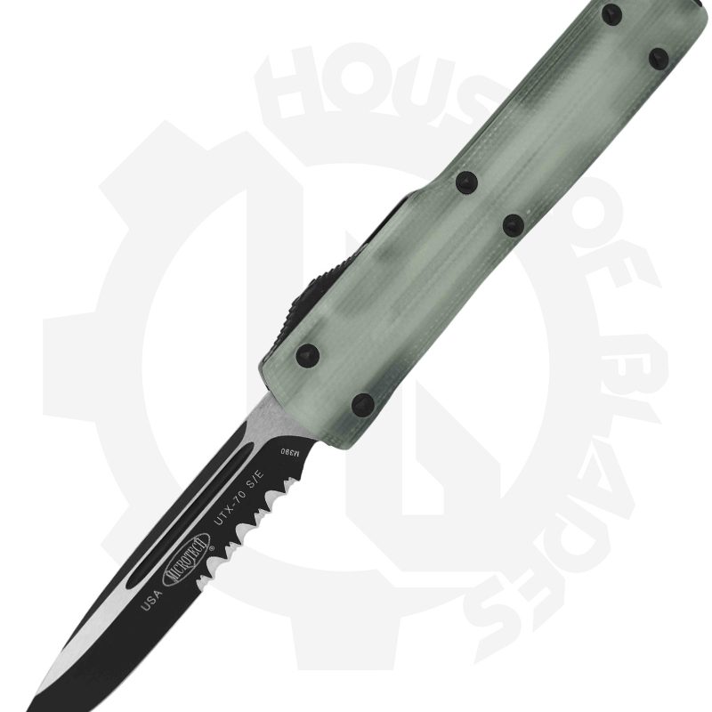 Microtech UTX-70 148-2GTJGS - Black, Partially Serrated, Natural G-10