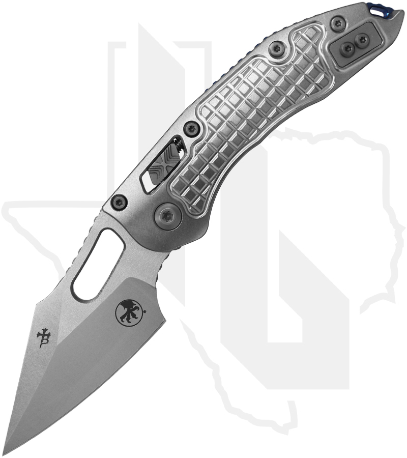 Microtech Stitch 169RL-10FRMS2 - Ram-Lock, Frag Pattern Titanium, Stonewash, Blue Accents, Double Vapor Blast