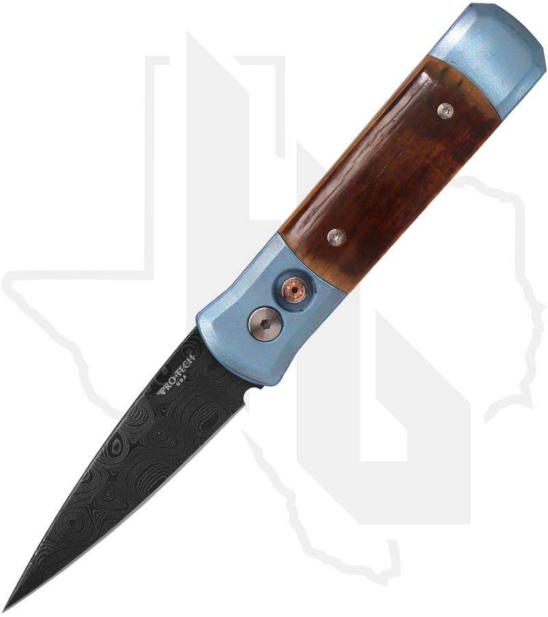 Protech Godson Custom 2025-GODSON-CUSTOM-004 - Bark, Blue Titanium, Damascus