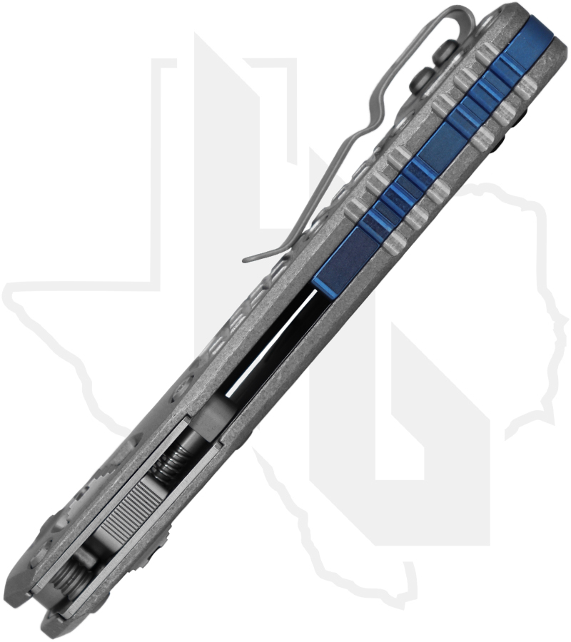 Microtech MSI 210-10FRMS2 - Stonewash Finish, Stonewash Frag Titanium, Blue Accents, Double Vapor Blast - Image 3