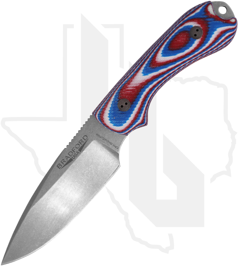 Bradford Knives Guardian 3 3FE-125-MCHH - Red/ White/ Blue G-10, MagnaCutHH, False Edge Grind, Stonewash