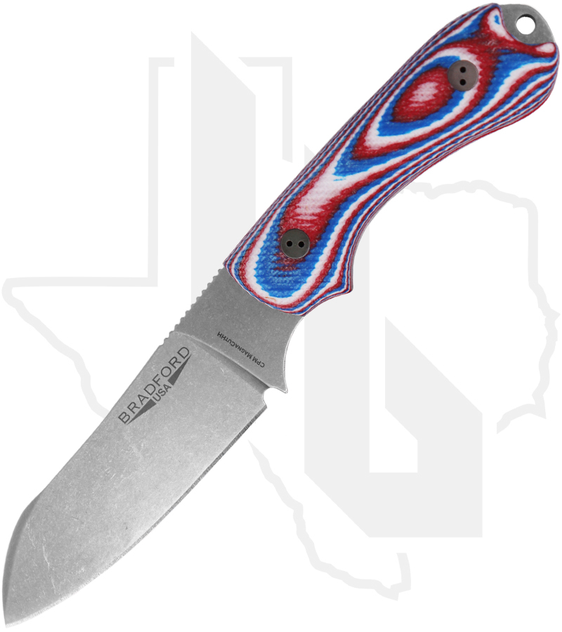 Bradford Knives Guardian 3 3SF-125-MCHH - Red/ White/ Blue G-10, MagnaCutHH, Sheepsfoot Grind, Stonewash