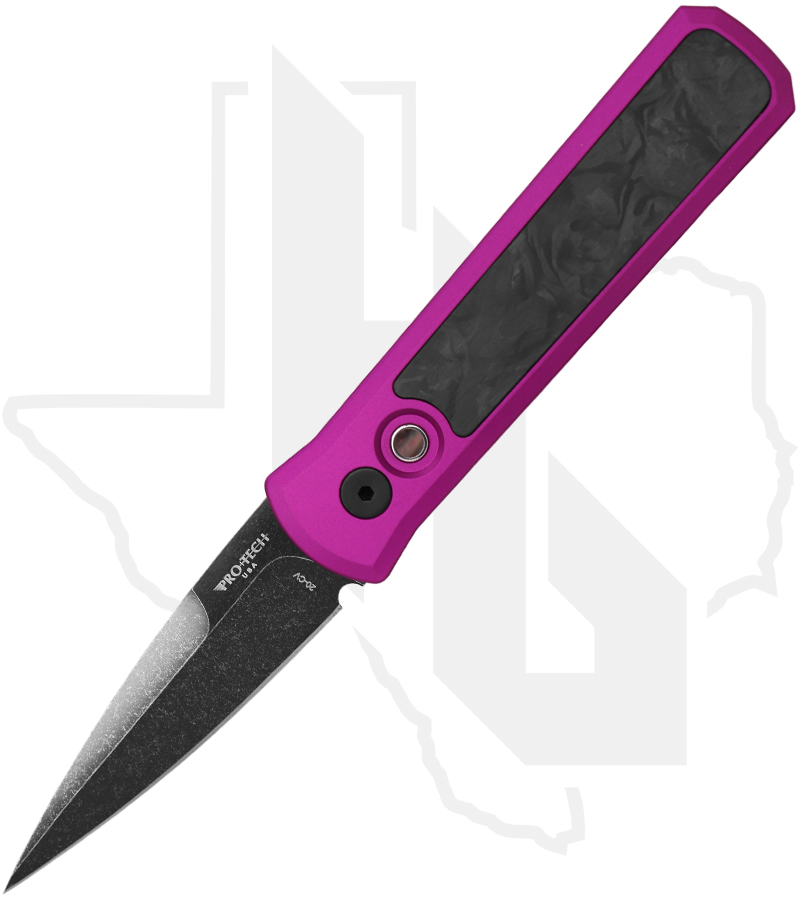 Protech Godson 7211-MARBLE-CF-PUR-DLCW - Purple Handle, Marbled Carbon Fiber Inlay, DLC, Black Pearl Button